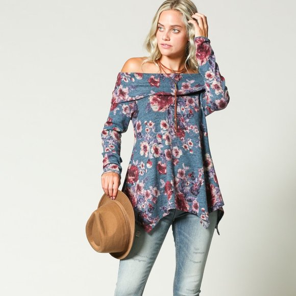 DONATED!! Floral off shoulder tunic in denim blue - Picture 2 of 6